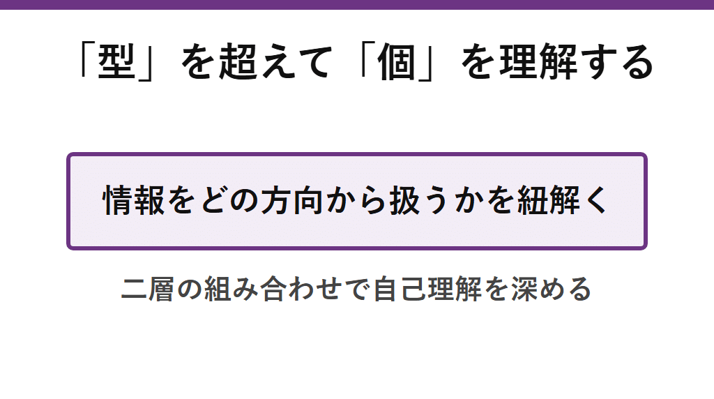 TYPE256の指針。MBTIとソシオニクスの二層の組み合わせから、情報をどの方向から扱うかという構造を紐解き、型を超えて個を理解するための考え方を示す図解。