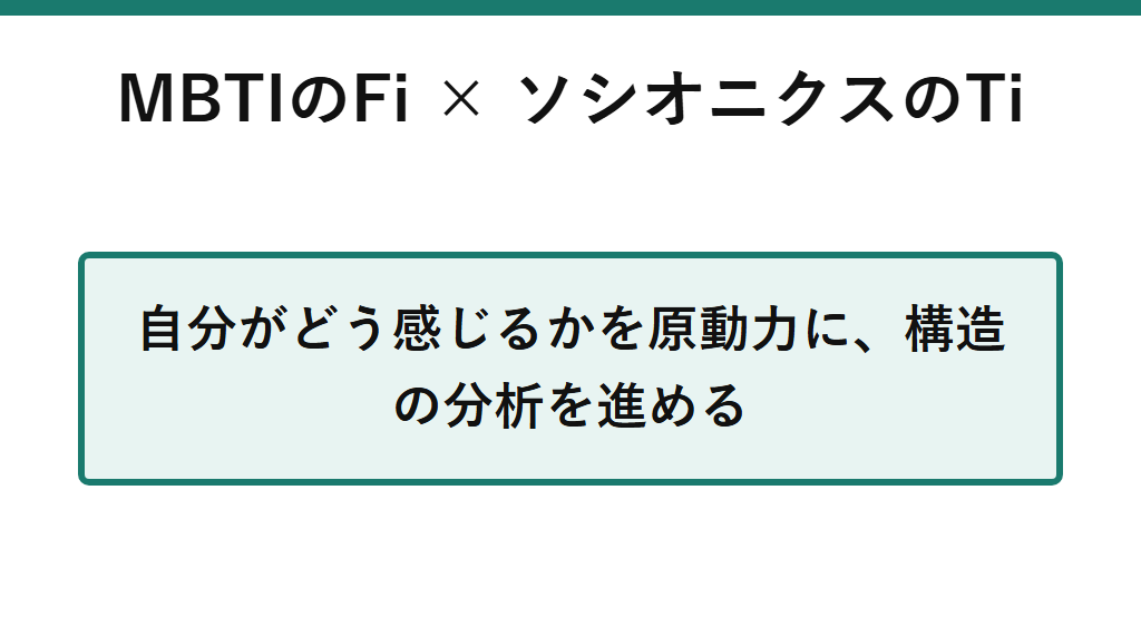 MBTIのFiとソシオニクスのTiの組み合わせ。自分がどう感じるかを原動力として、複雑な構造分析を展開する図解。